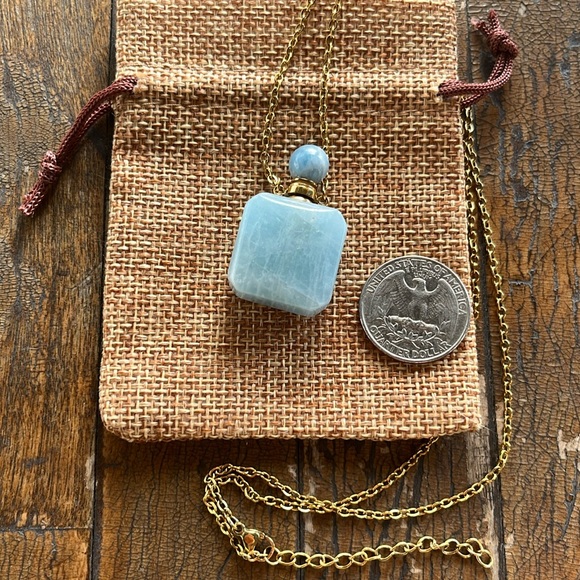 Aquamarine Perfume Bottle Aquamarine Bottle Necklace Gold Perfume Necklace - Picture 3 of 3